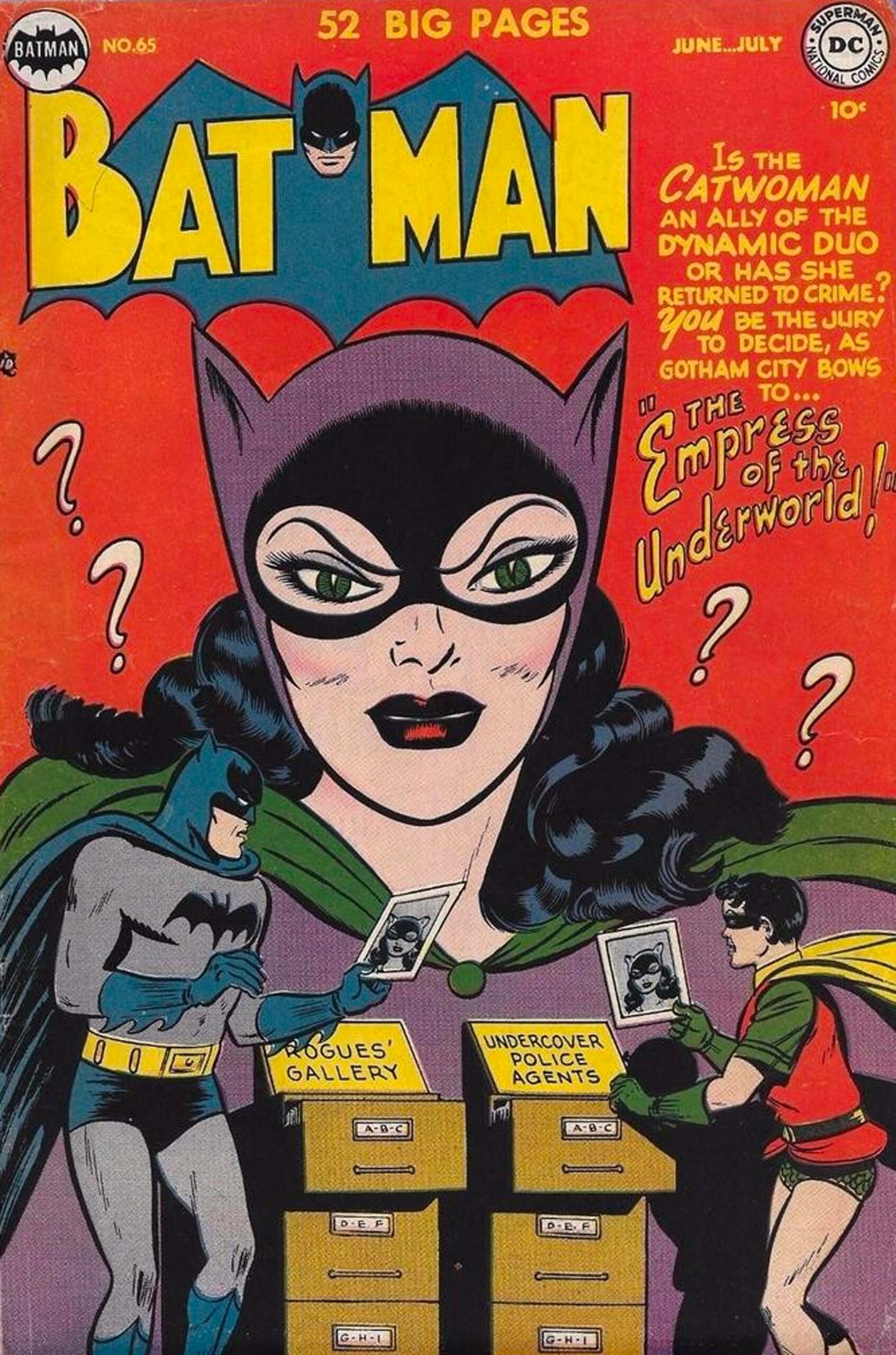 Catwoman på forsiden at Batman #65 fra 1951 med Batman (alias Lynvingen på norsk) og hans trofaste partner og bestie Robin (DC)