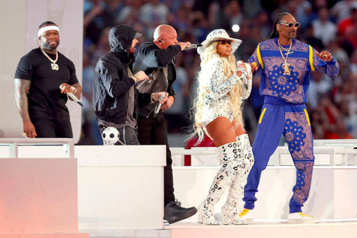 50 Cent, Eminem, Dr. Dre, Mary J. Blige, Snoop Dogg og Kendrick Lamar et sted utenfor bildet (Rob Carr/Getty)