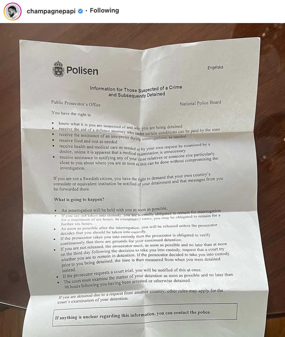 drake police sweden polisen letter stockholm politiet berns sverige