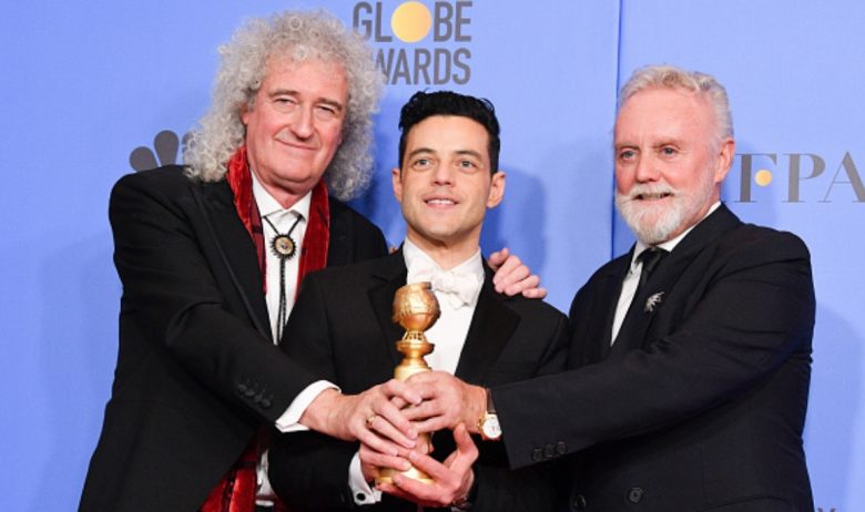 RAMI MALEK AKA UNGE FREDDIE MERCURY MED BRIAN MAY OG ROGER TAYLOR FRA QUEEN (KEVIN WINTER/GETTY)